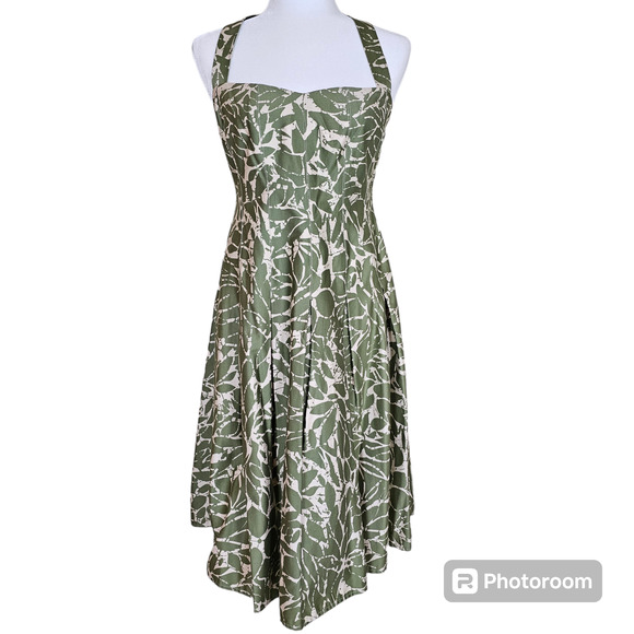 NWT Evan Picone 4 Green Botanical Halter Fit & Flare Midi Cotton Spandex Dress - Picture 1 of 10
